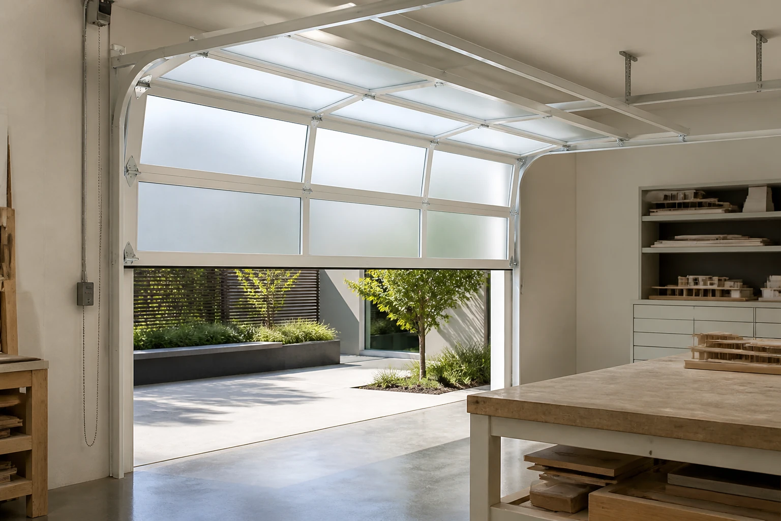 White Automatic Garage Door Model Workshop Illustrative Scene White automatic glazed sectional garage door in a model workshop illustrative application scene