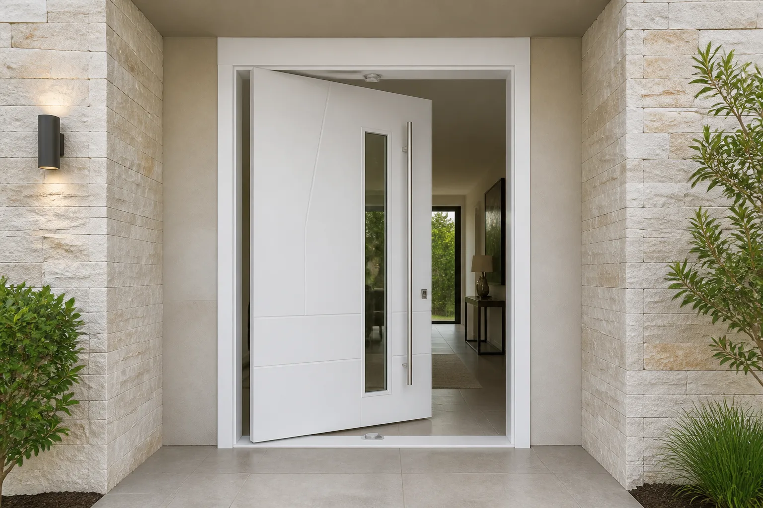 RGNL Cast Aluminum Pivot Door Villa Application Scene White cast aluminum pivot door partially open at a contemporary villa entrance