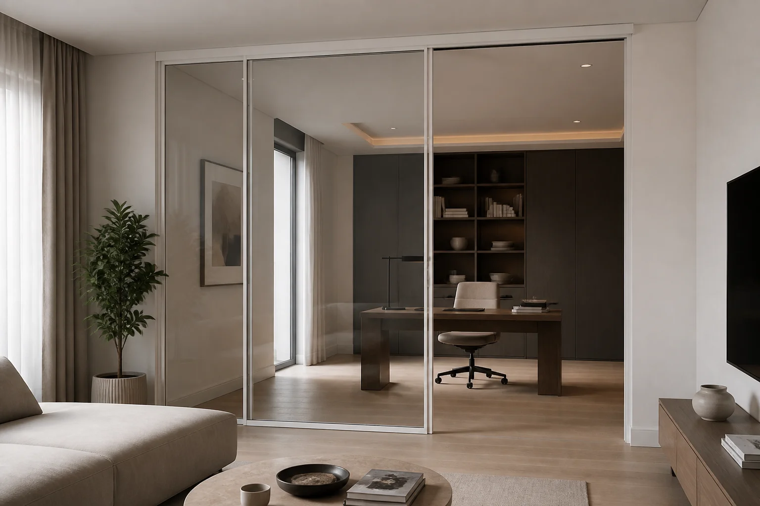 White Extremely Narrow Interior Sliding Door Office Scene White extremely narrow interior sliding glass door separating a living room and home office