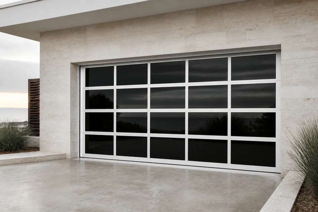 Illustrative application scene of a white-frame RGNL frameless mirror garage door with dark reflective glass panels in a coastal courtyard