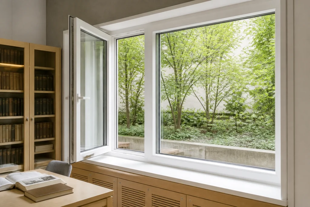White UPVC inward-opening casement window in an illustrative archive reading-room application scene