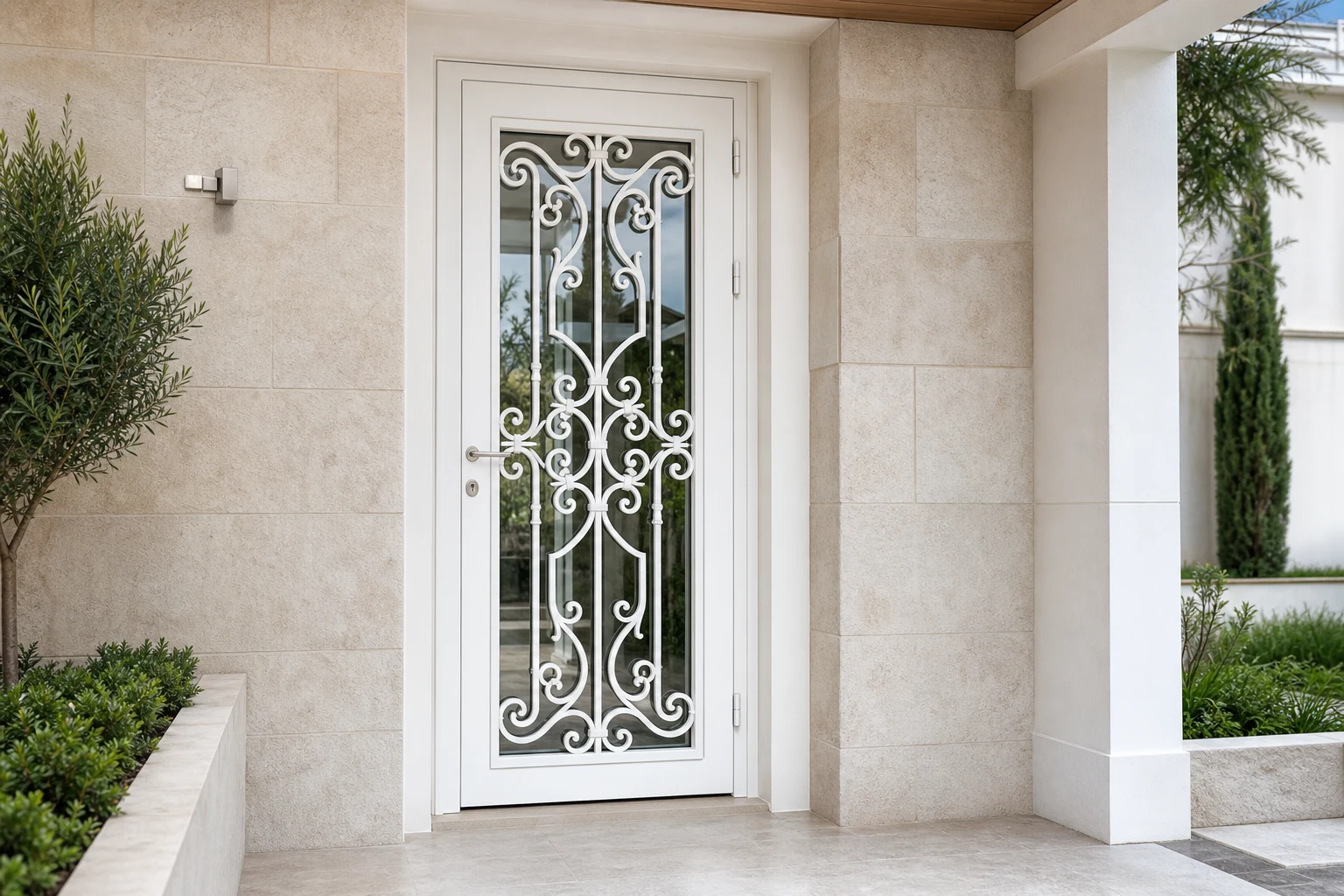 RGNL White Wrought Iron Entry Door Villa Application White RGNL-style wrought iron entry door installed at a modern villa entrance