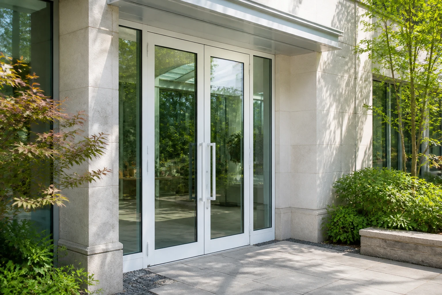 China Aluminum Door Manufacturer Research Scene White aluminum glazed double doors at a planted pavilion entrance