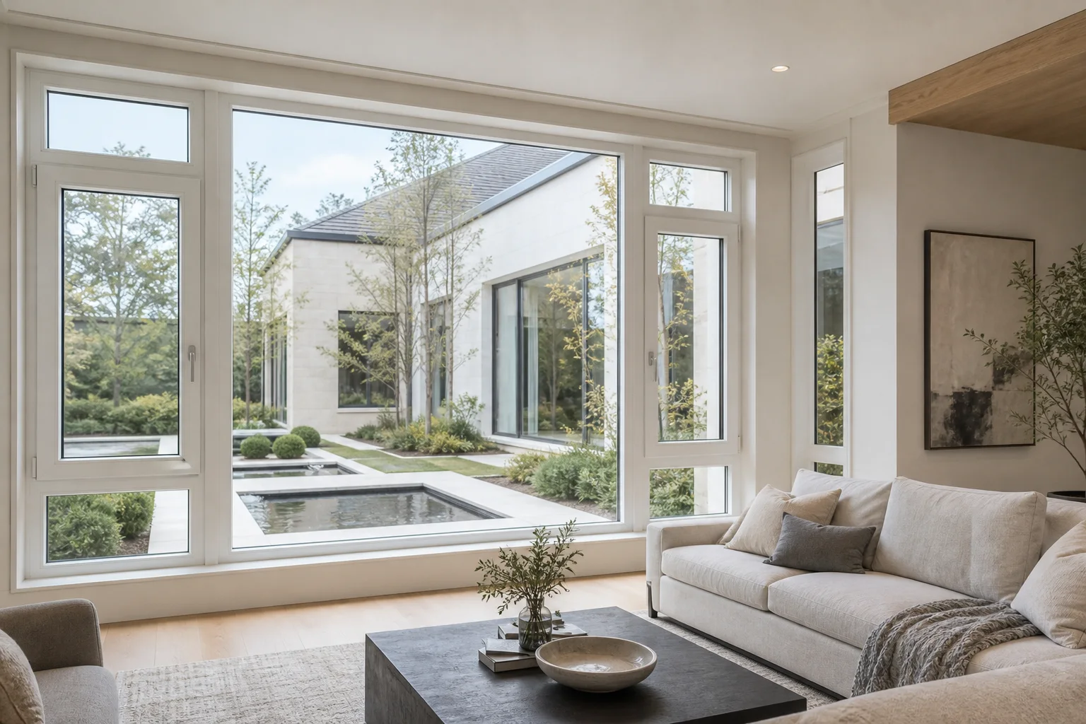 China Aluminum Window Manufacturer Shortlist Scene White aluminum window wall in a modern living room for China supplier research