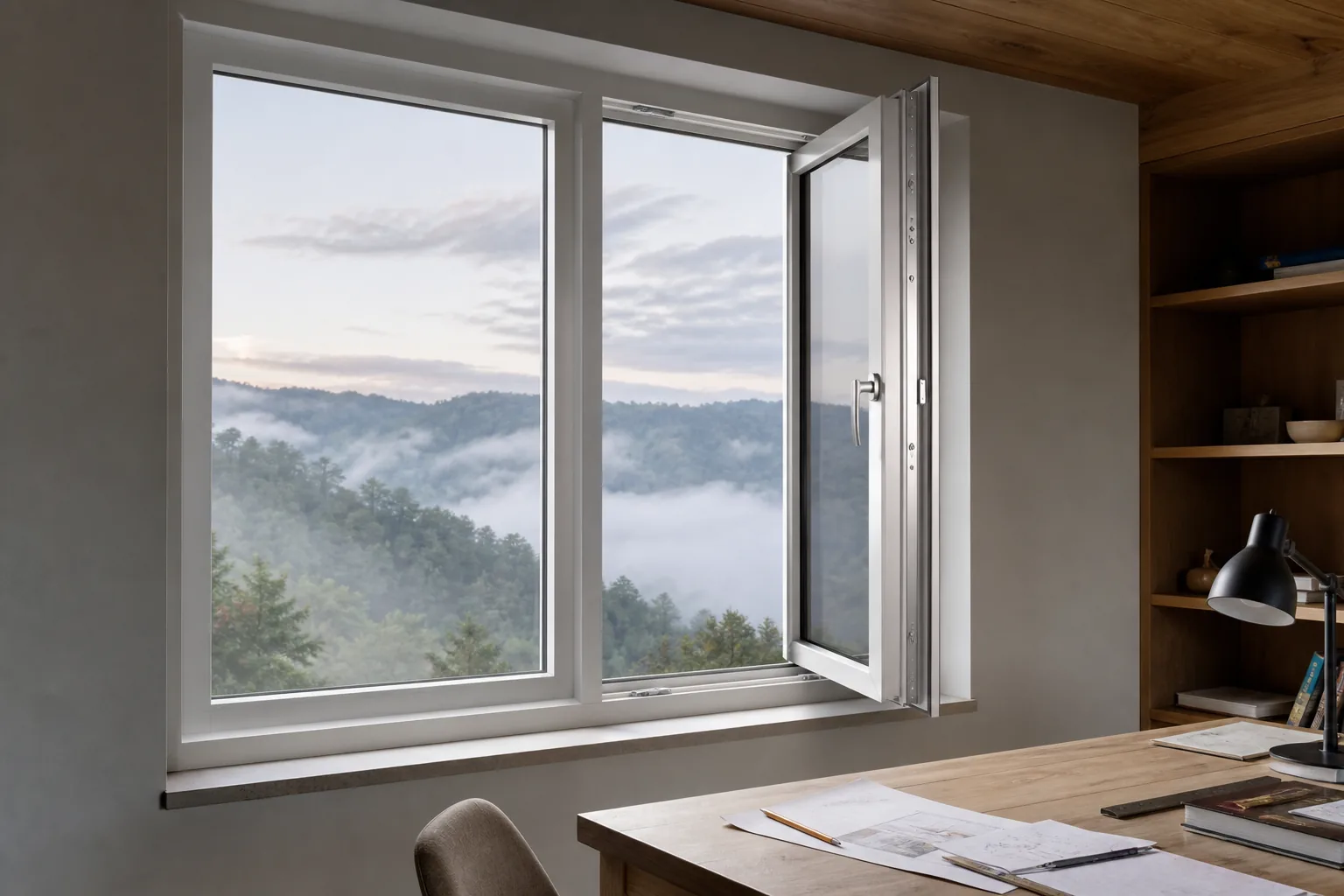 China Casement Window OEM Sourcing Map Scene White aluminum casement windows in a mountain home office for China OEM supplier research