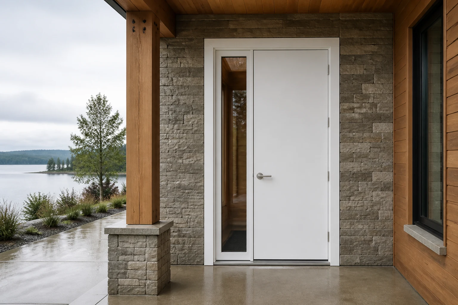 China Entry Door OEM Manufacturer Shortlist Scene White entry door with sidelight at a lakeside visitor center for China OEM supplier research