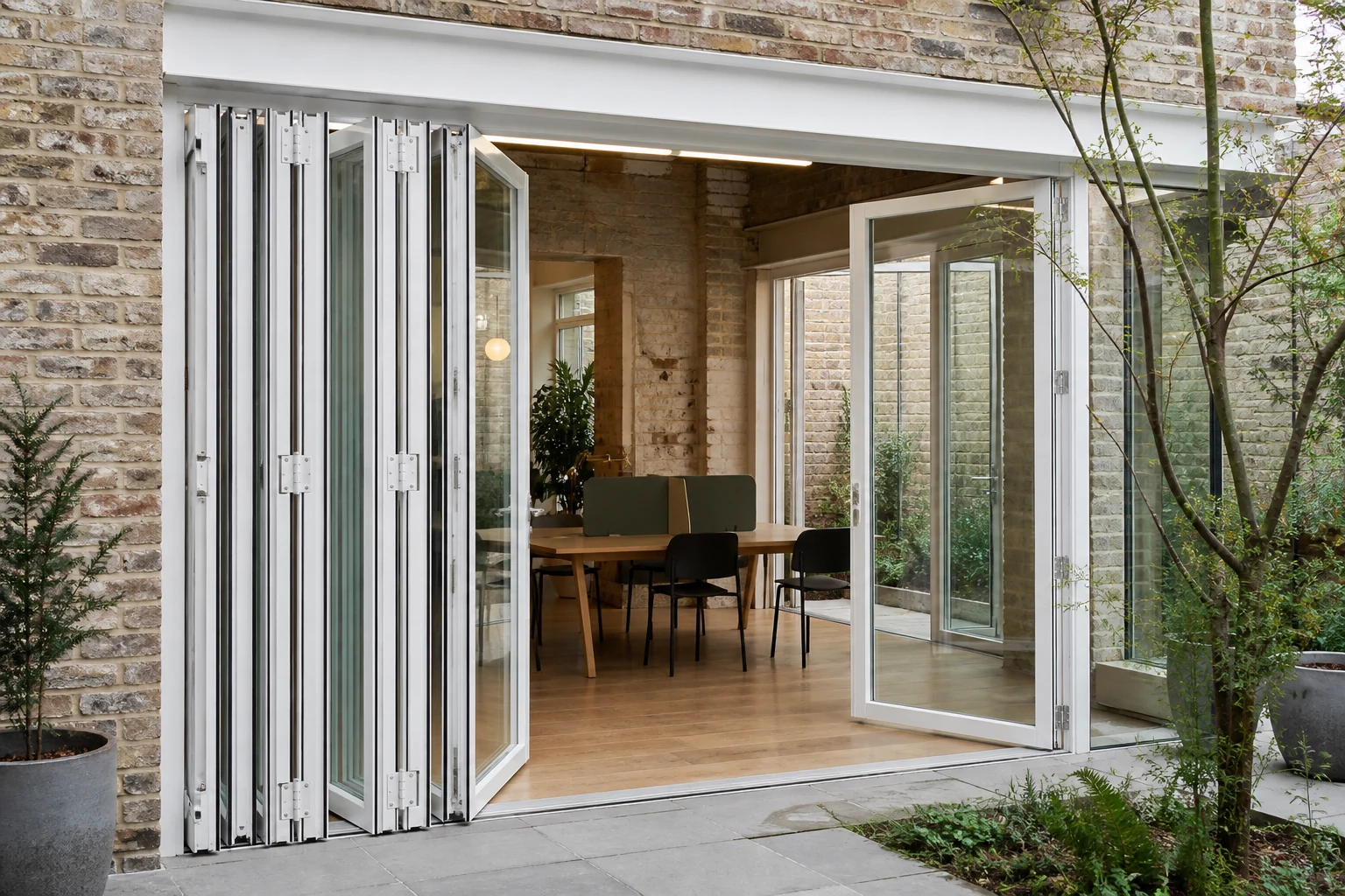 China Folding Door Supplier Project Shortlist Scene White aluminum bifold doors at an adaptive-reuse brick workspace