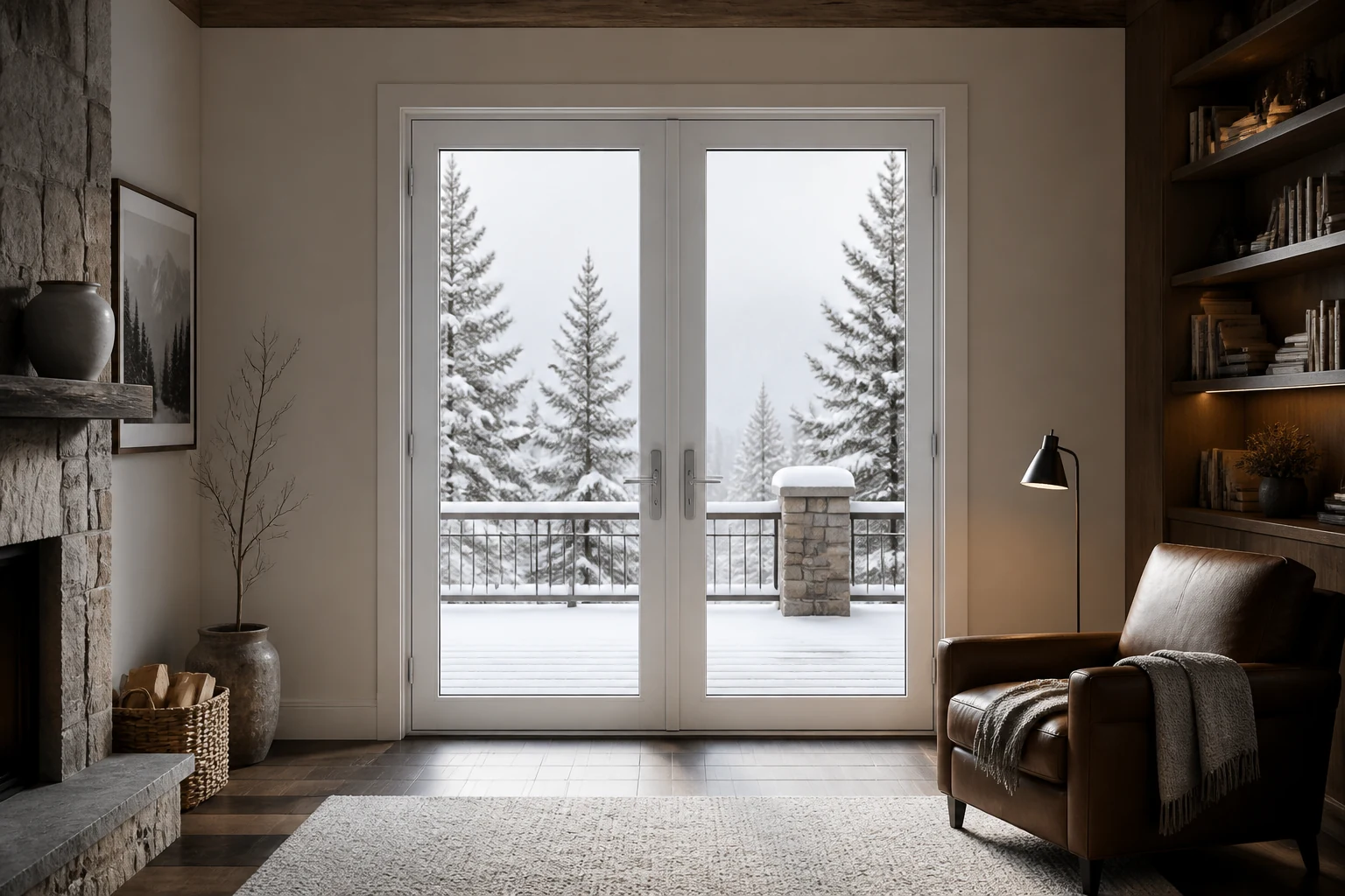 China French Door Manufacturer Research Scene White aluminum French doors in a mountain lodge for China manufacturer research