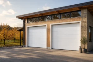 White sectional garage doors at an orchard workshop for China manufacturer import research