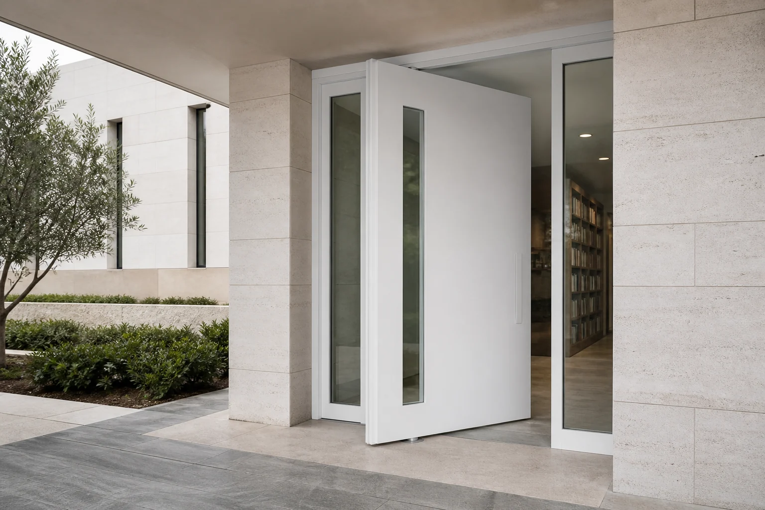 China Pivot Door Supplier Shortlist Scene White aluminum offset pivot door at a contemporary stone library entrance for China supplier research