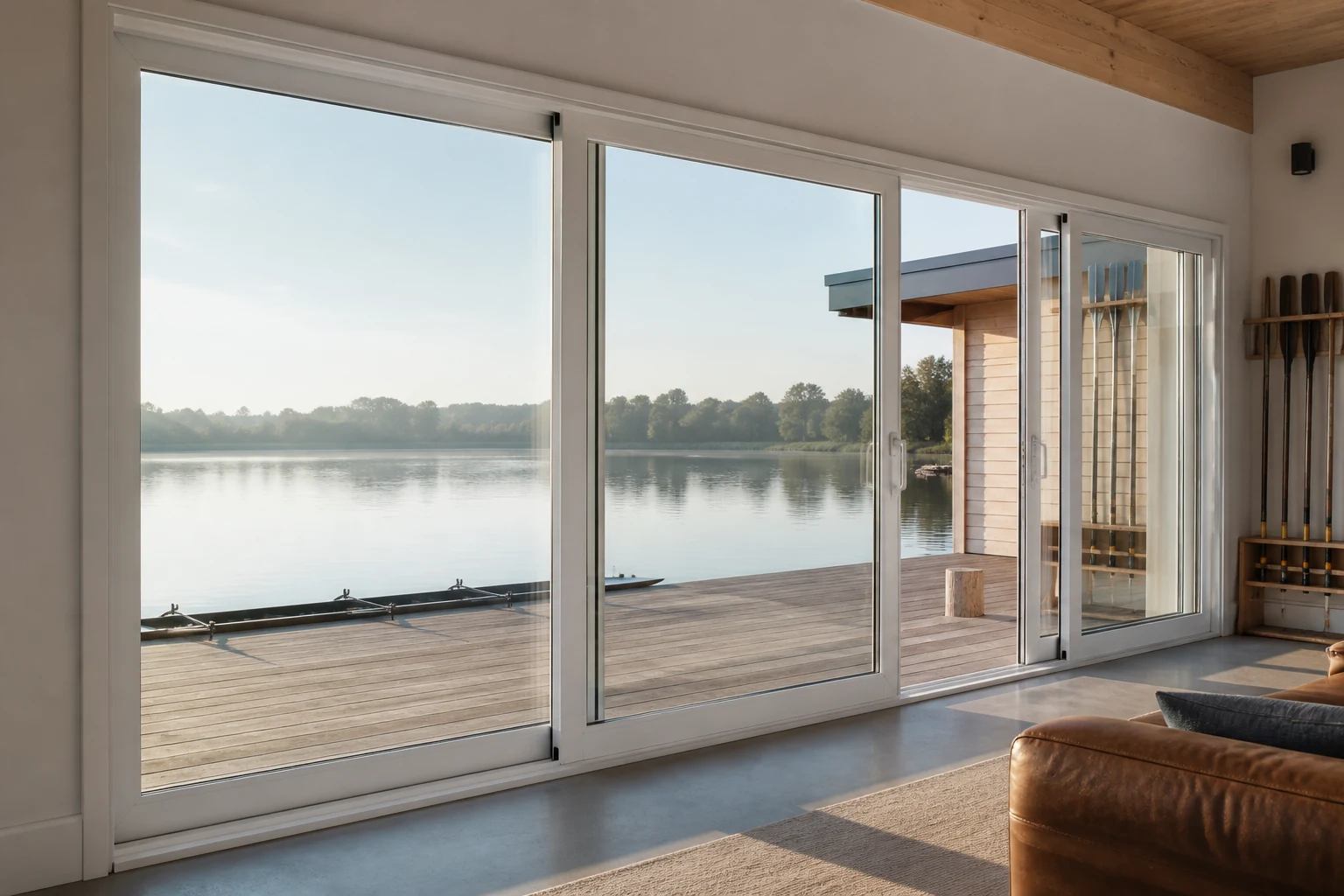 China Sliding Door OEM RFQ Workshop Scene White lift-and-slide doors at a lakeside rowing clubhouse