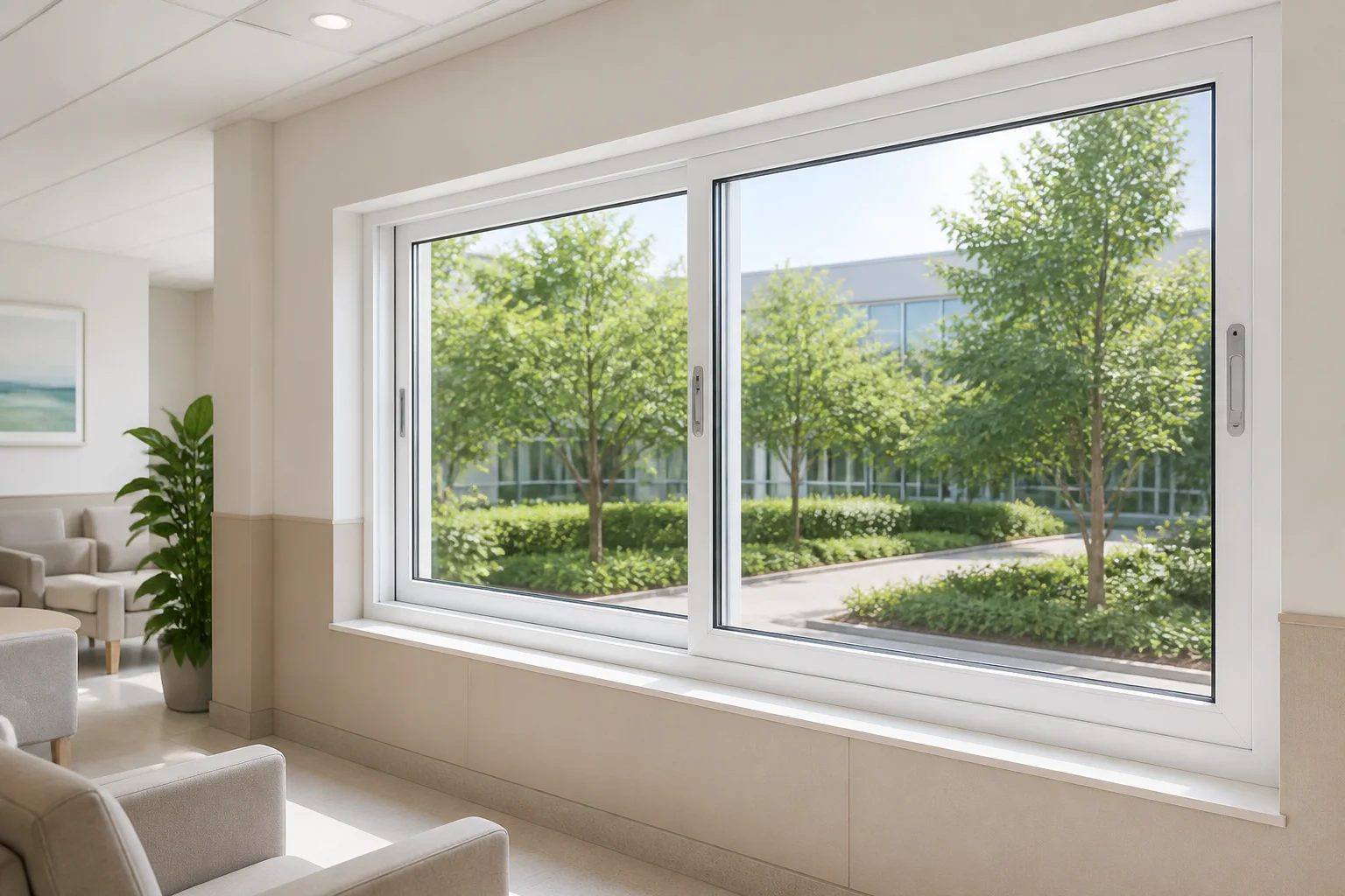 China Sliding Window Supplier Verification Scene White aluminum sliding window in a clinic lounge for China supplier verification