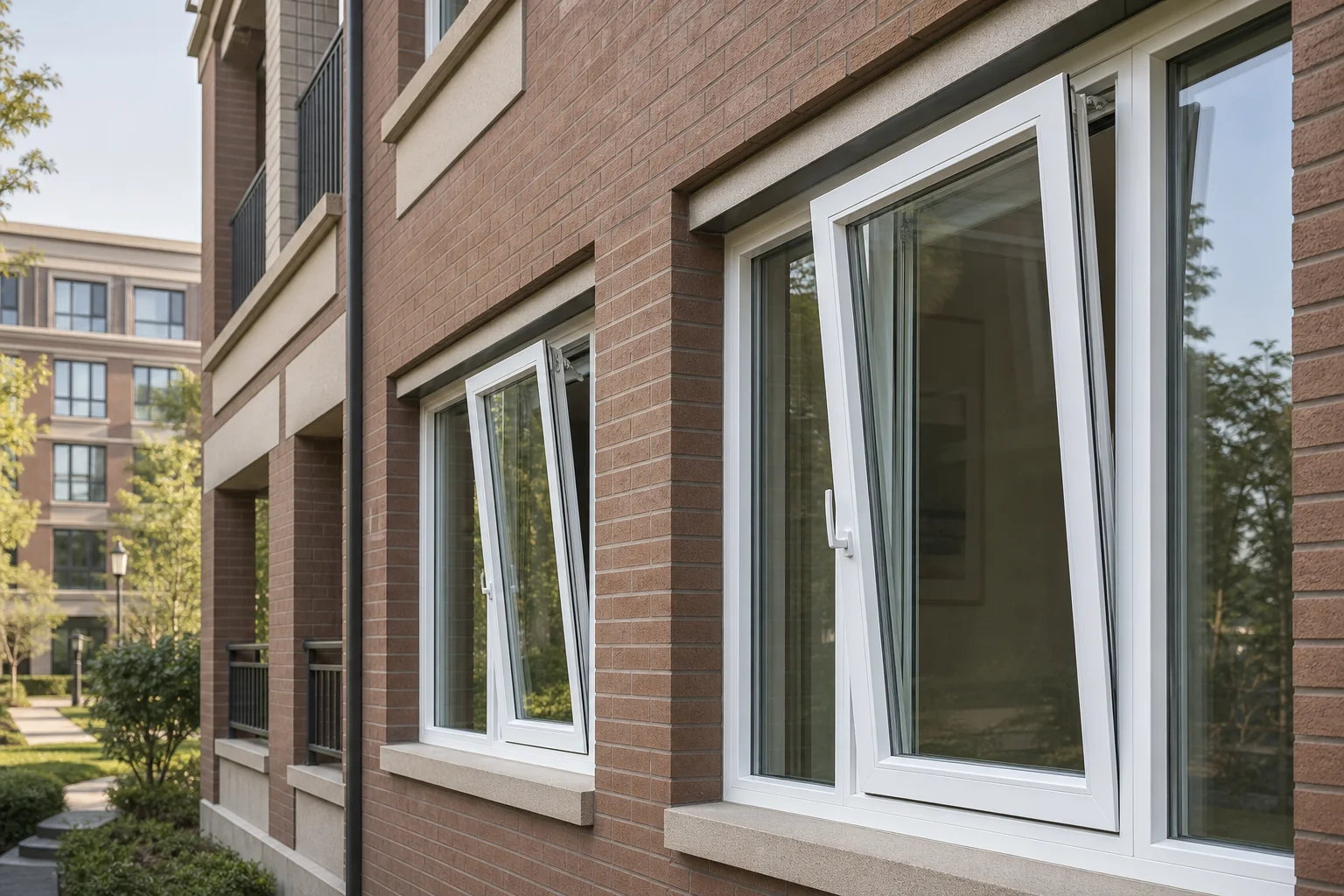 China Tilt and Turn Window Manufacturer Research Scene White tilt and turn windows on a brick apartment facade for China manufacturer research