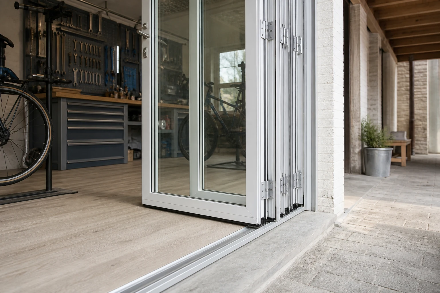 Folding Door Stack and Threshold Review Scene White aluminum bifold door stack and threshold at a bicycle workshop