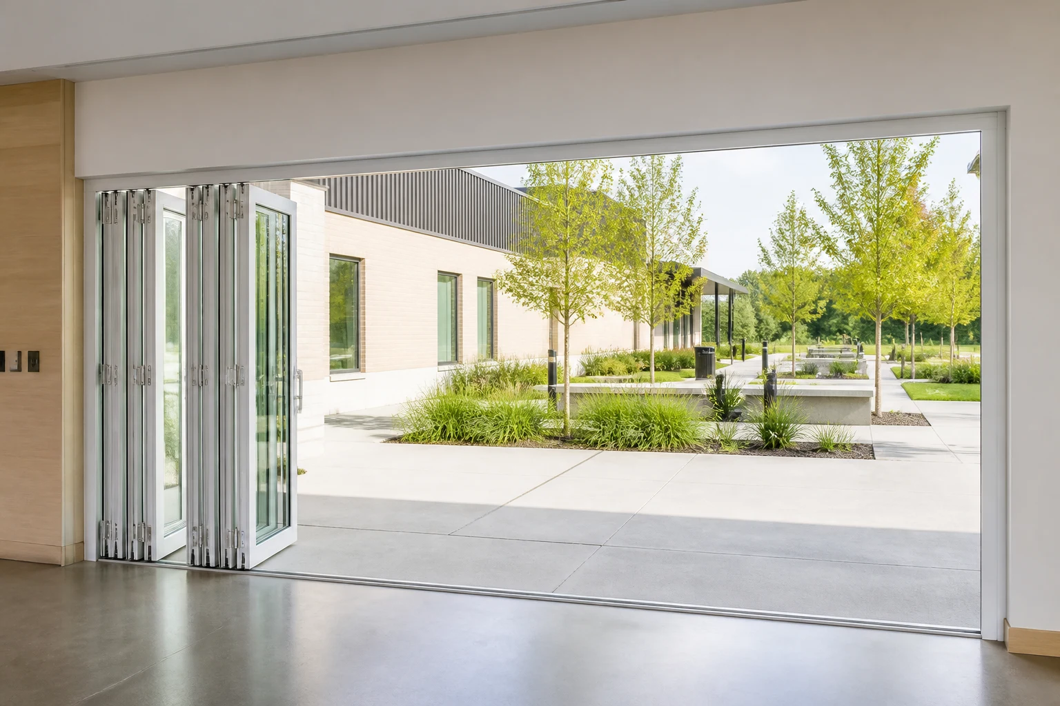Aluminum Bifold Door Community Hall Scene White aluminum bifold door stacked open at a community hall