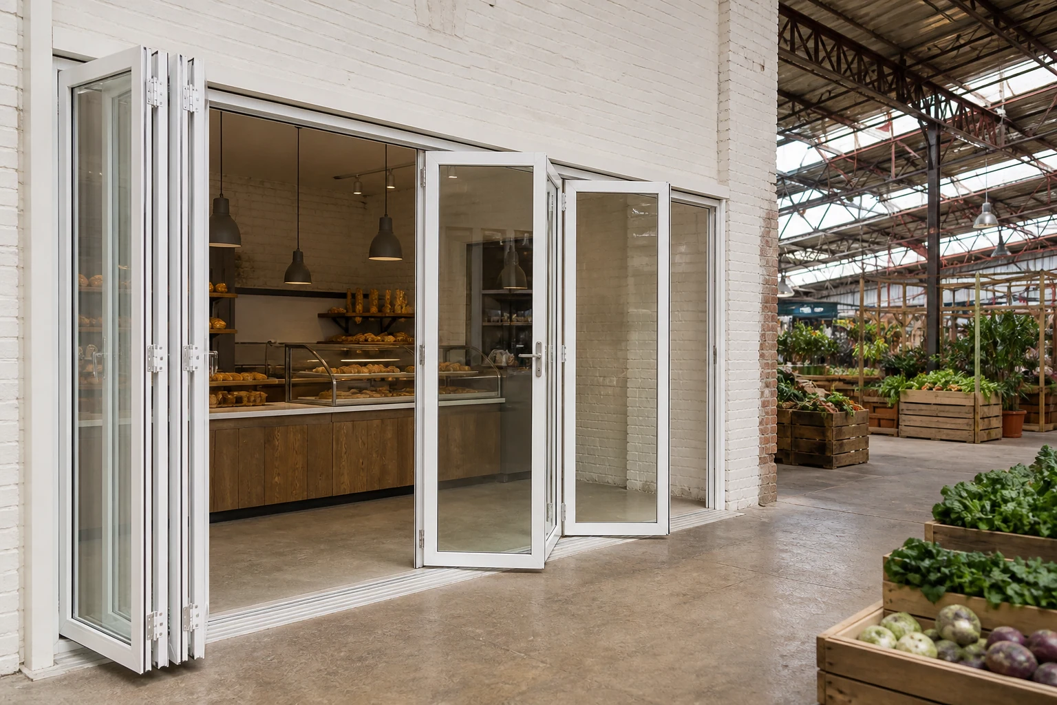 Folding Door Craft Market Application Scene White aluminum bifold storefront doors in a covered craft market