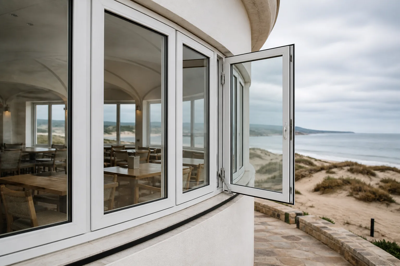 Coastal Casement Window Application Scene White aluminum casement window on a coastal restaurant facade