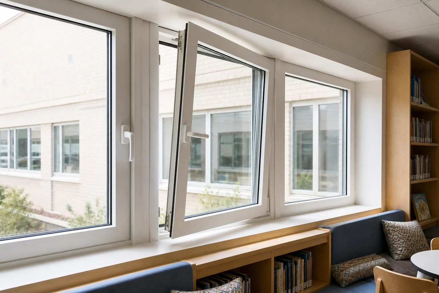 Casement Window School Library Application Scene White aluminum casement windows in a school library reading area