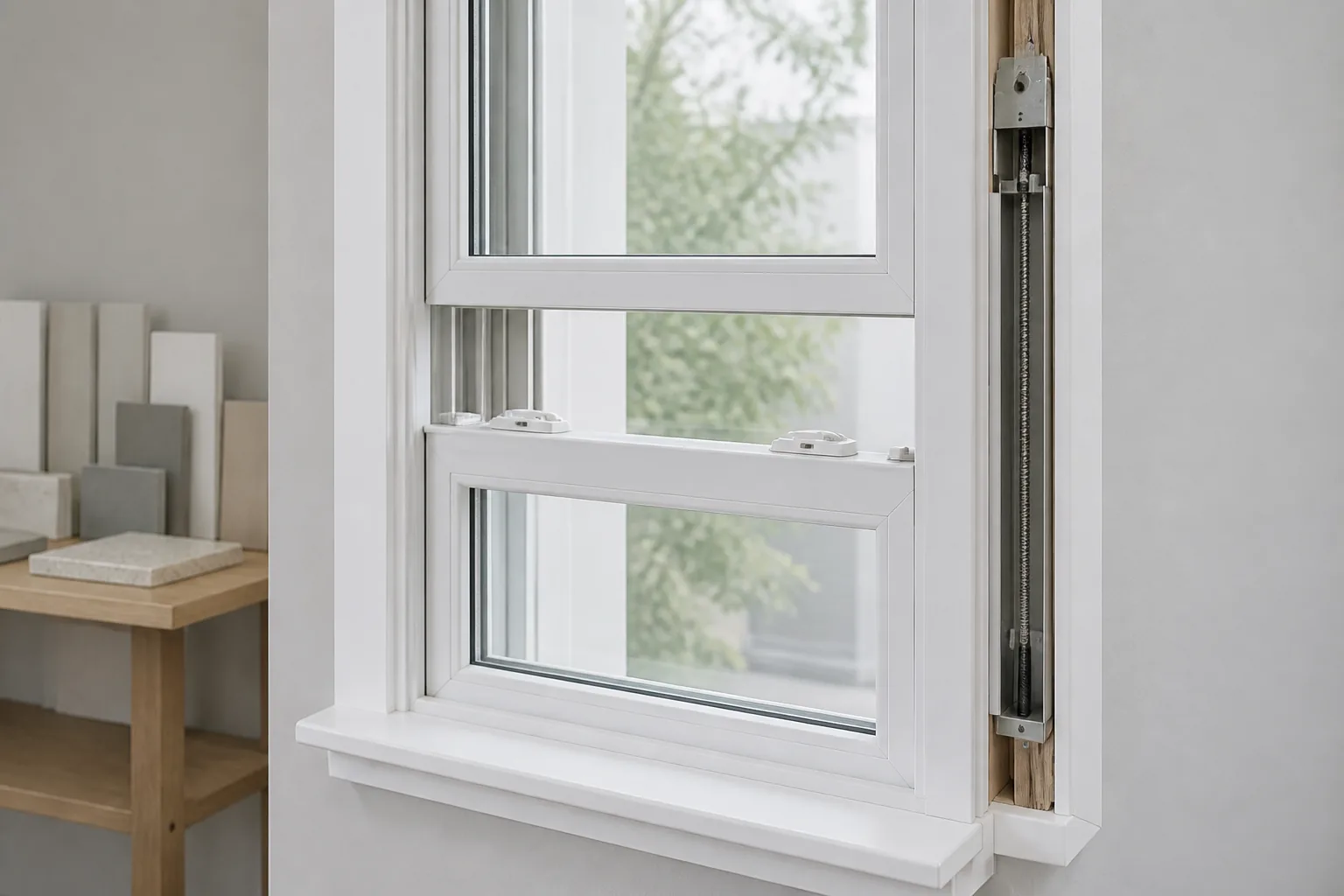 Double Hung Window Sash and Balance Review Scene White double hung window sash and balance channel in an architectural mock-up room