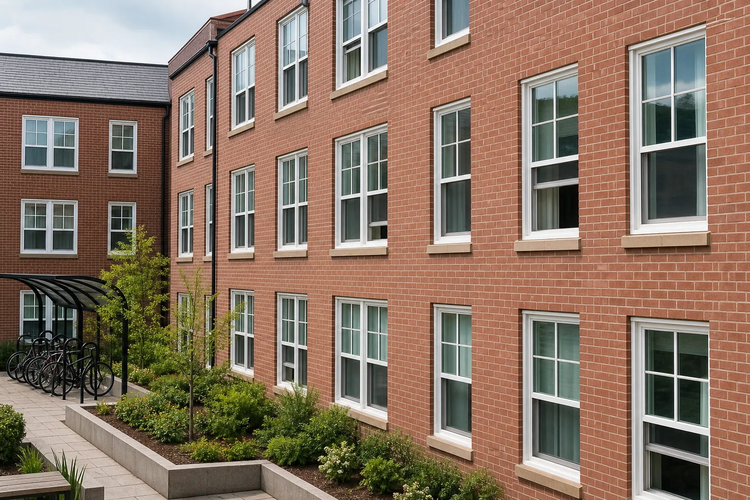 White Double Hung Windows Brick Courtyard Scene White double hung windows on a red brick student housing courtyard facade