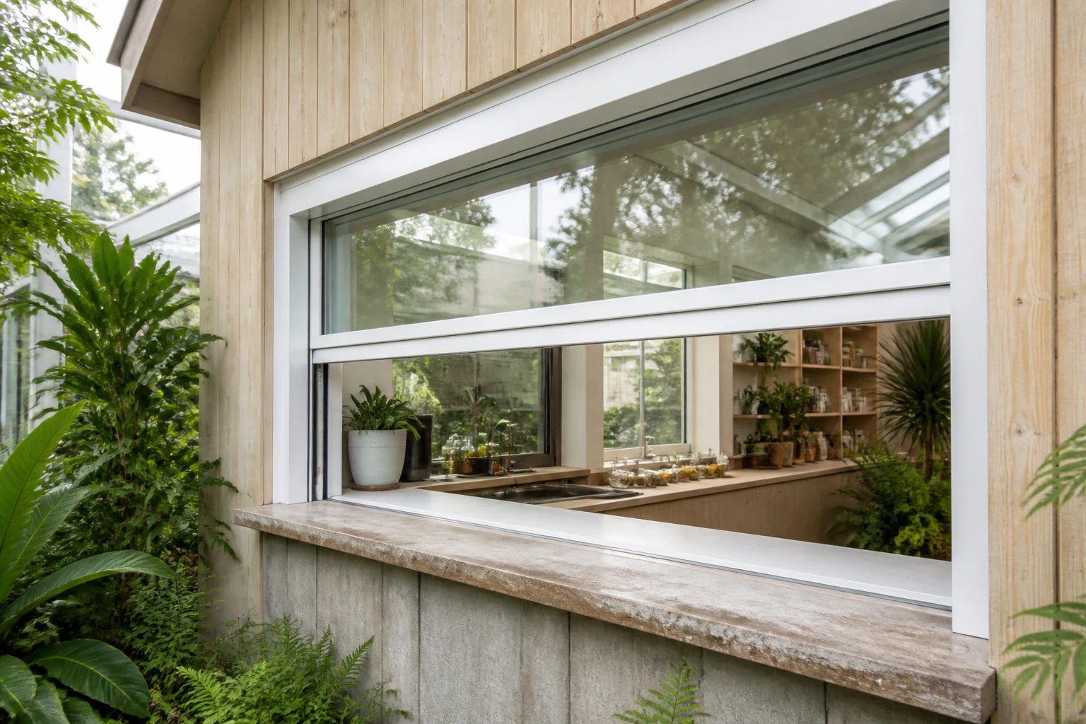 White Electric Lift Window Botanical Pavilion Scene White electric lift window at a botanical research pavilion refreshment counter