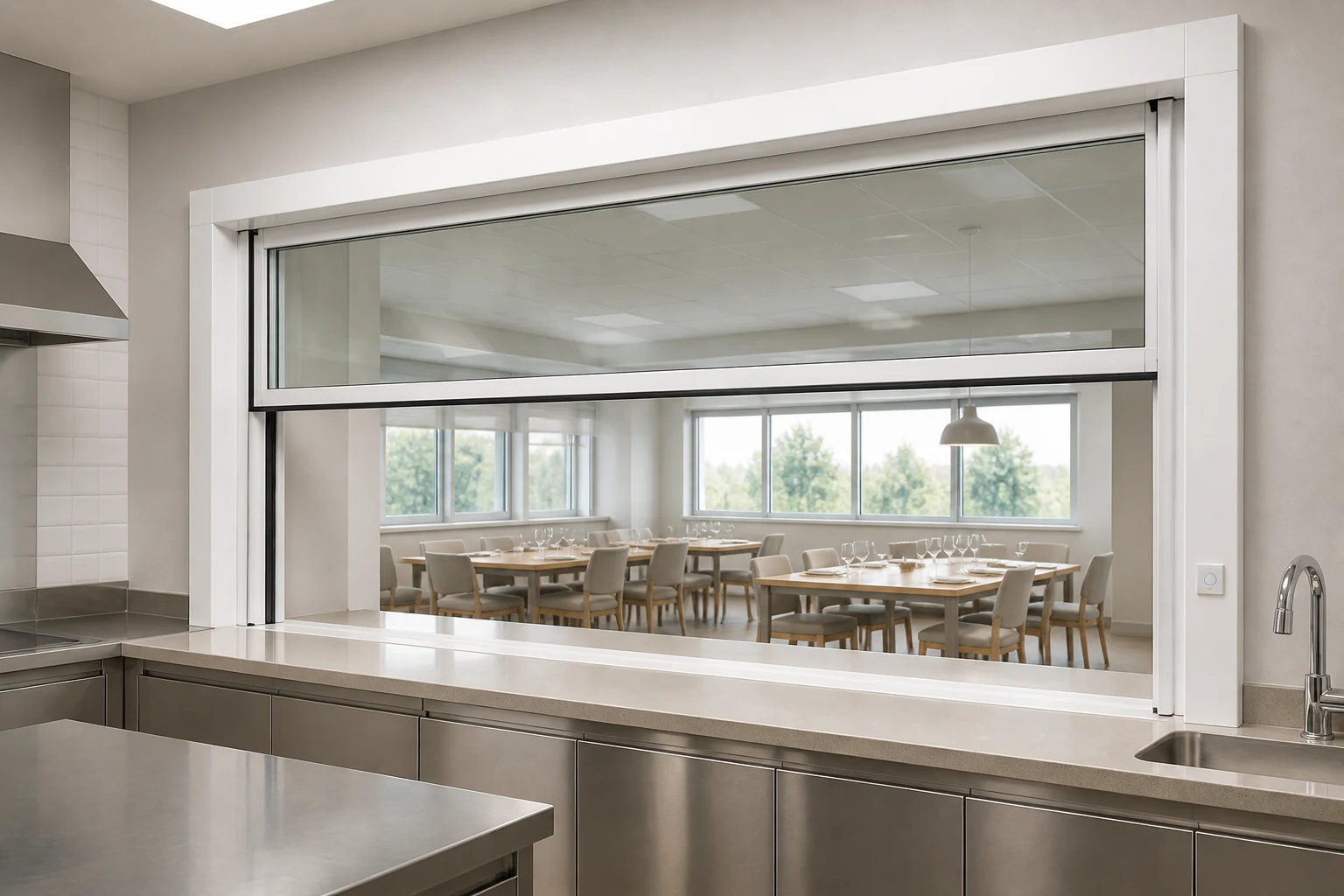 White Electric Lift Window Chef Training Kitchen Scene White electric lift window above a chef training kitchen service counter