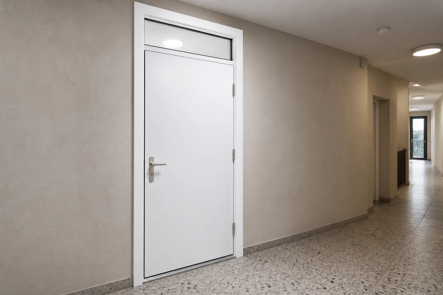 Apartment Entry Door OEM Specification Scene White insulated apartment entry door with a glazed transom in a shared corridor