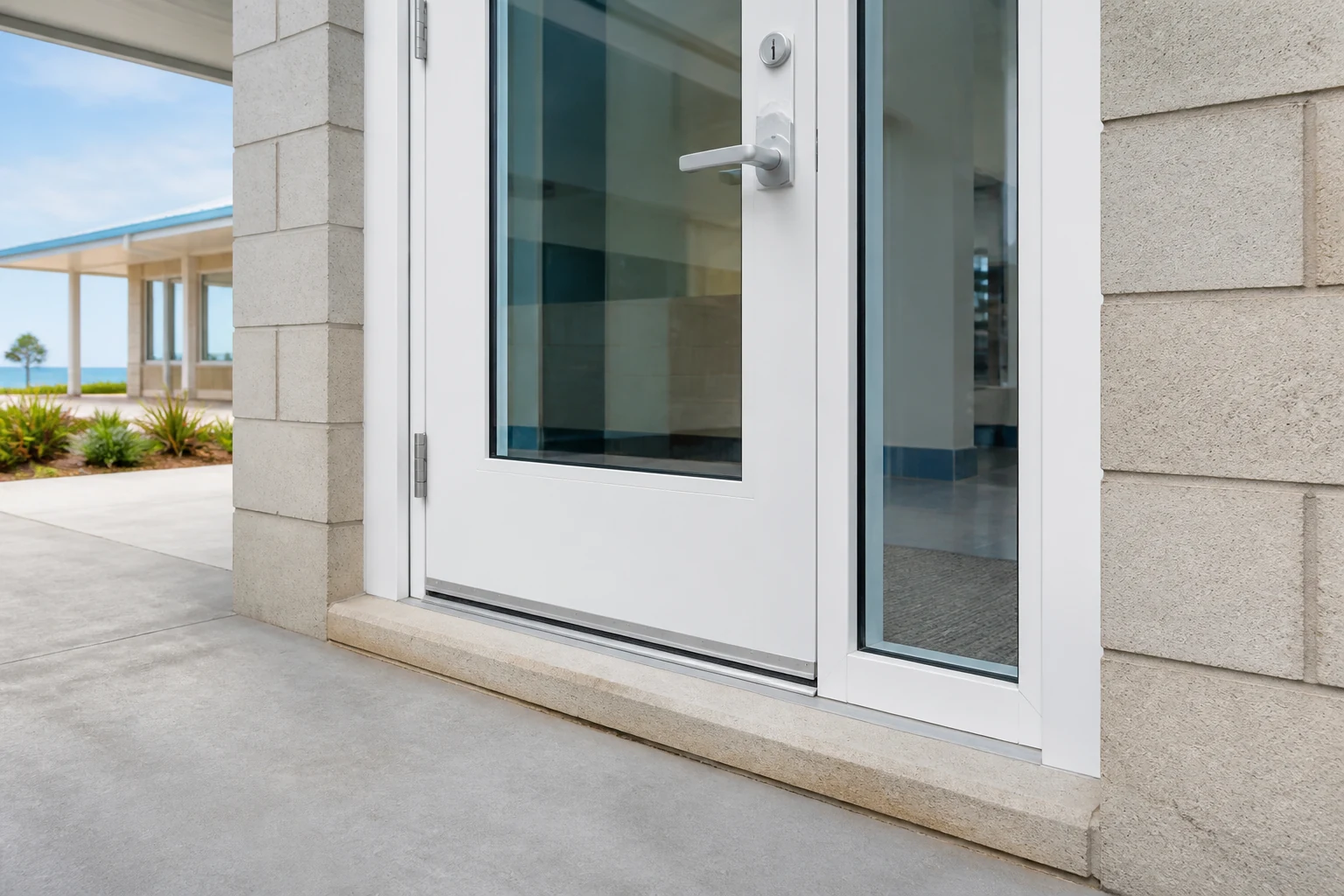 Entry Door Threshold and Sidelight Review Scene White aluminum entry door threshold and sidelight at a coastal school administration entrance