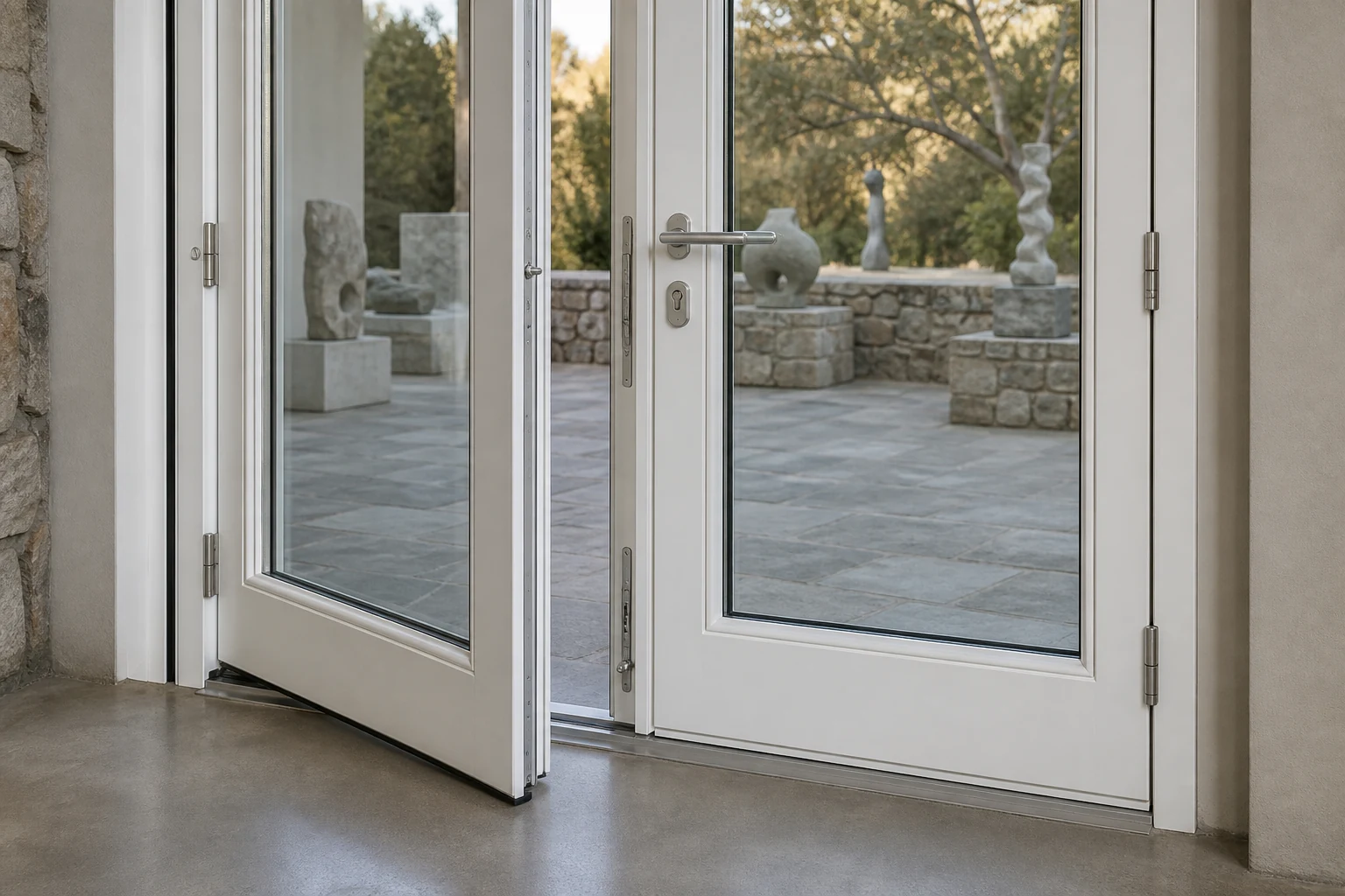 French Door Hardware and Threshold Inspection Scene White French door meeting stile hardware and threshold at an art gallery
