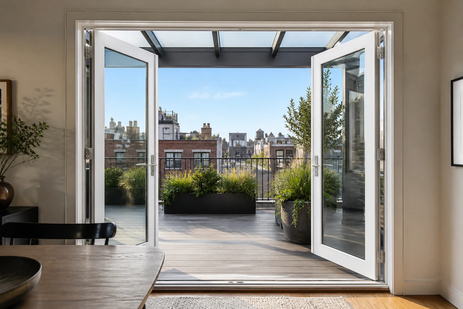 French Door Opening Configuration Scene White aluminum French doors open to an urban rooftop terrace