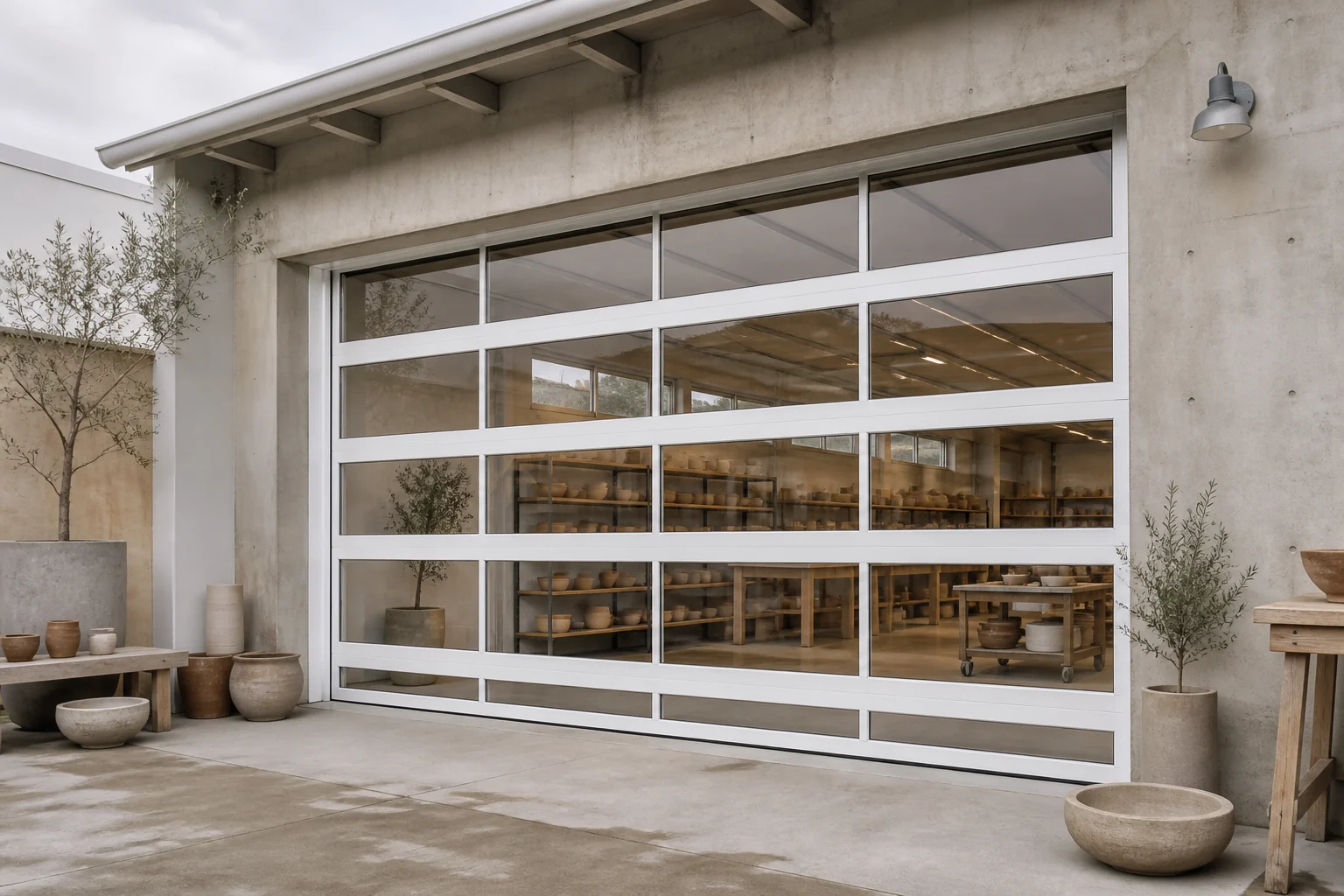 White Full-View Garage Door Ceramics Studio Scene White full-view glass garage door at an unbranded ceramics studio delivery court