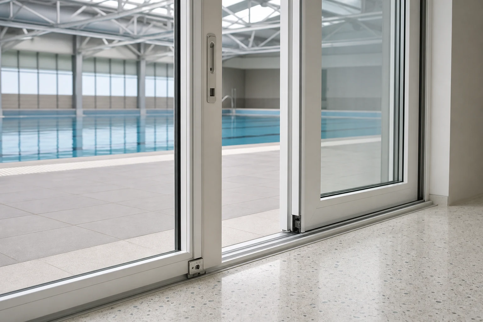 Lift-and-Slide Door Track Review Scene White lift-and-slide door track beside an indoor aquatic center