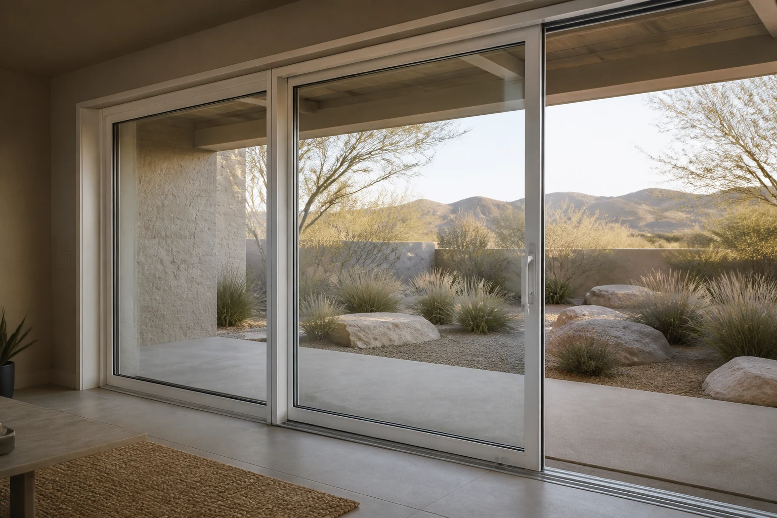 Aluminum Lift-and-Slide Door Courtyard Scene White aluminum lift-and-slide door opening to a desert courtyard