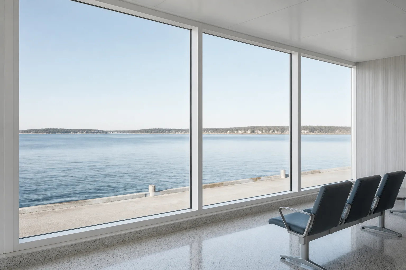 White Picture Window Coastal Terminal Scene White fixed picture window wall in a coastal ferry terminal waiting lounge