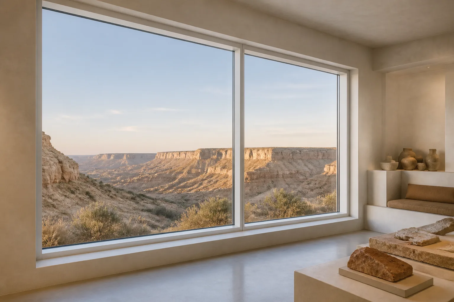 White Picture Windows Desert Museum Scene White fixed picture windows in a desert geology museum viewing lounge