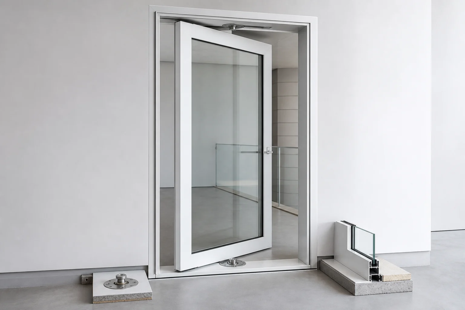 Pivot Hardware and Threshold Mock-Up Scene White aluminum pivot door mock-up with visible floor pivot and flush threshold in a testing studio