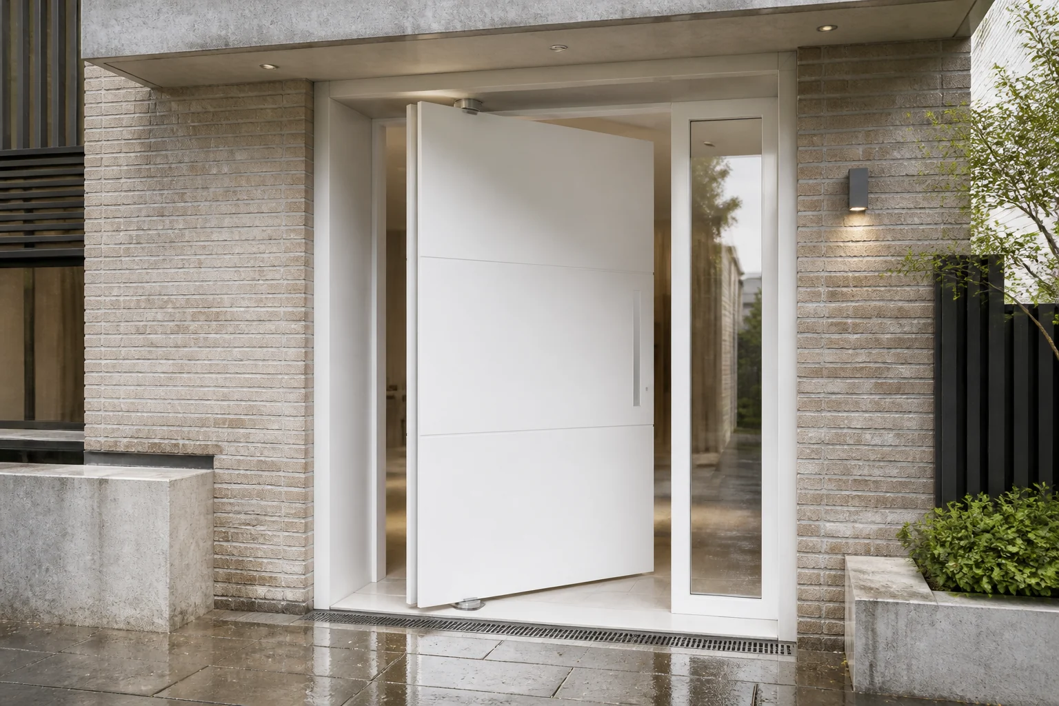 Pivot Door Opening and Weather Interface Scene White solid-panel pivot door at an urban townhouse entrance under a rain canopy