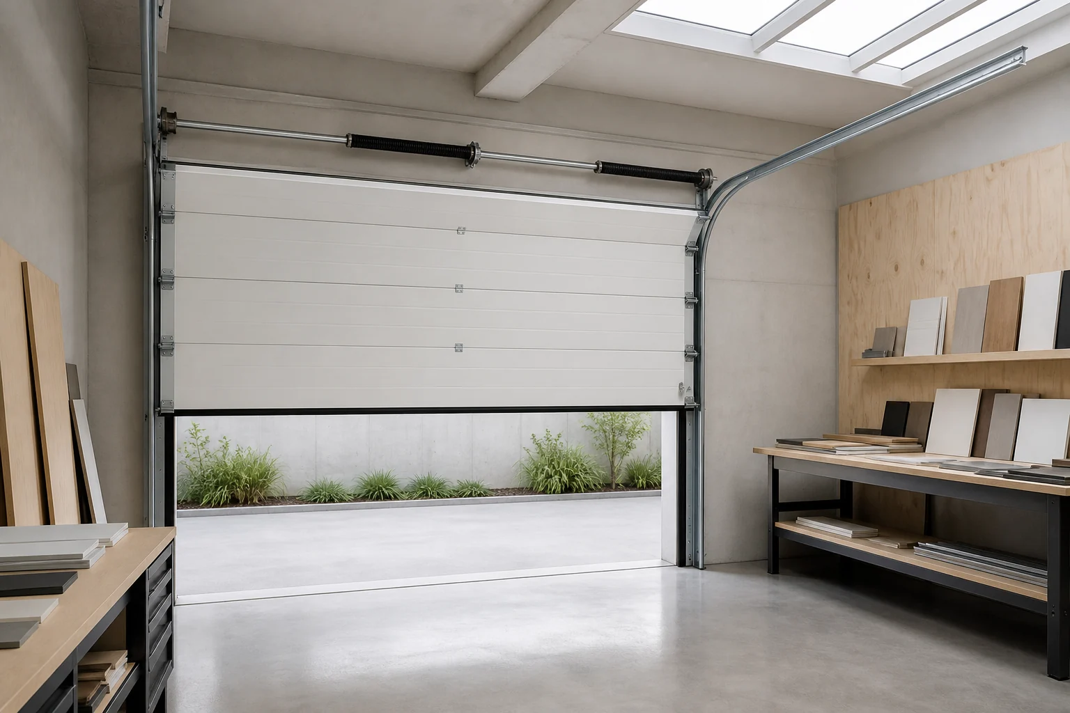 White Sectional Garage Door Makerspace Loading Bay Scene White insulated sectional garage door with overhead tracks in an urban makerspace loading bay