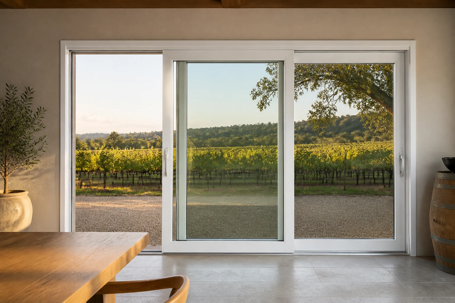 Sliding Door Vineyard RFQ Scene White aluminum sliding door opening from a tasting room to a vineyard