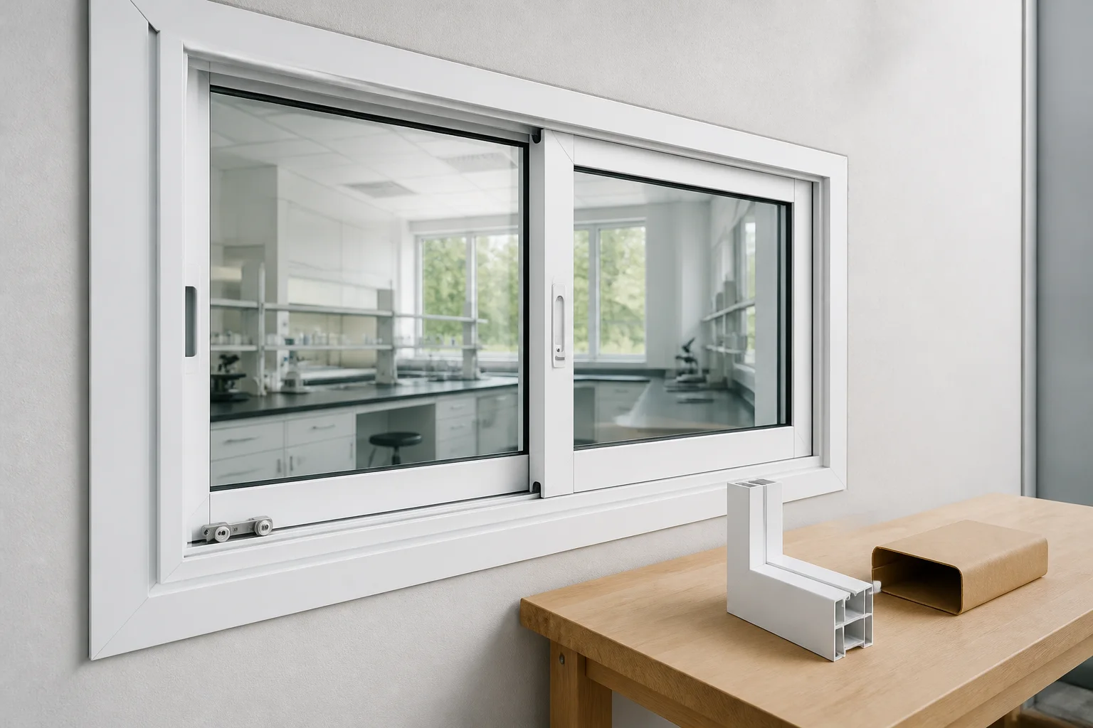 Sliding Window Sample Approval Scene White sliding window and profile sample in a university materials laboratory