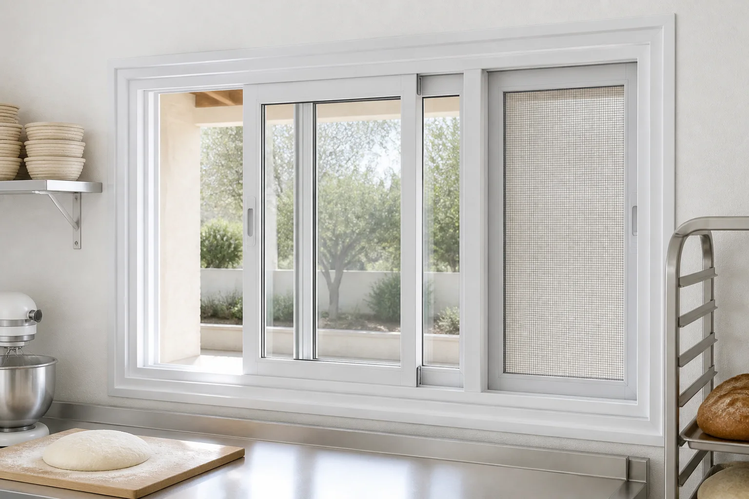 Three-Track Sliding Window Configuration Scene White three-track sliding window with insect screen in a bakery workspace