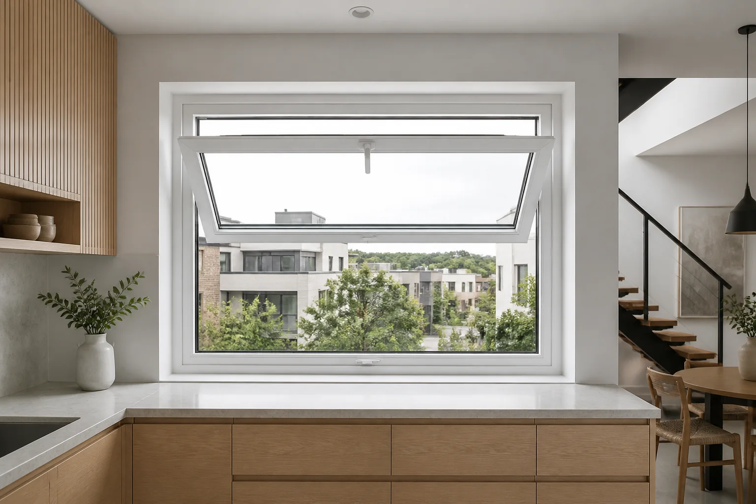 Tilt and Turn Window Duplex Kitchen Scene White tilt and turn window tilted inward above a modern duplex kitchen counter