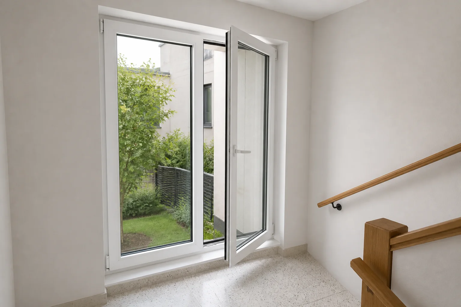 Tilt and Turn Window Stair Landing Scene White tilt and turn window opened inward beside a modern stair landing