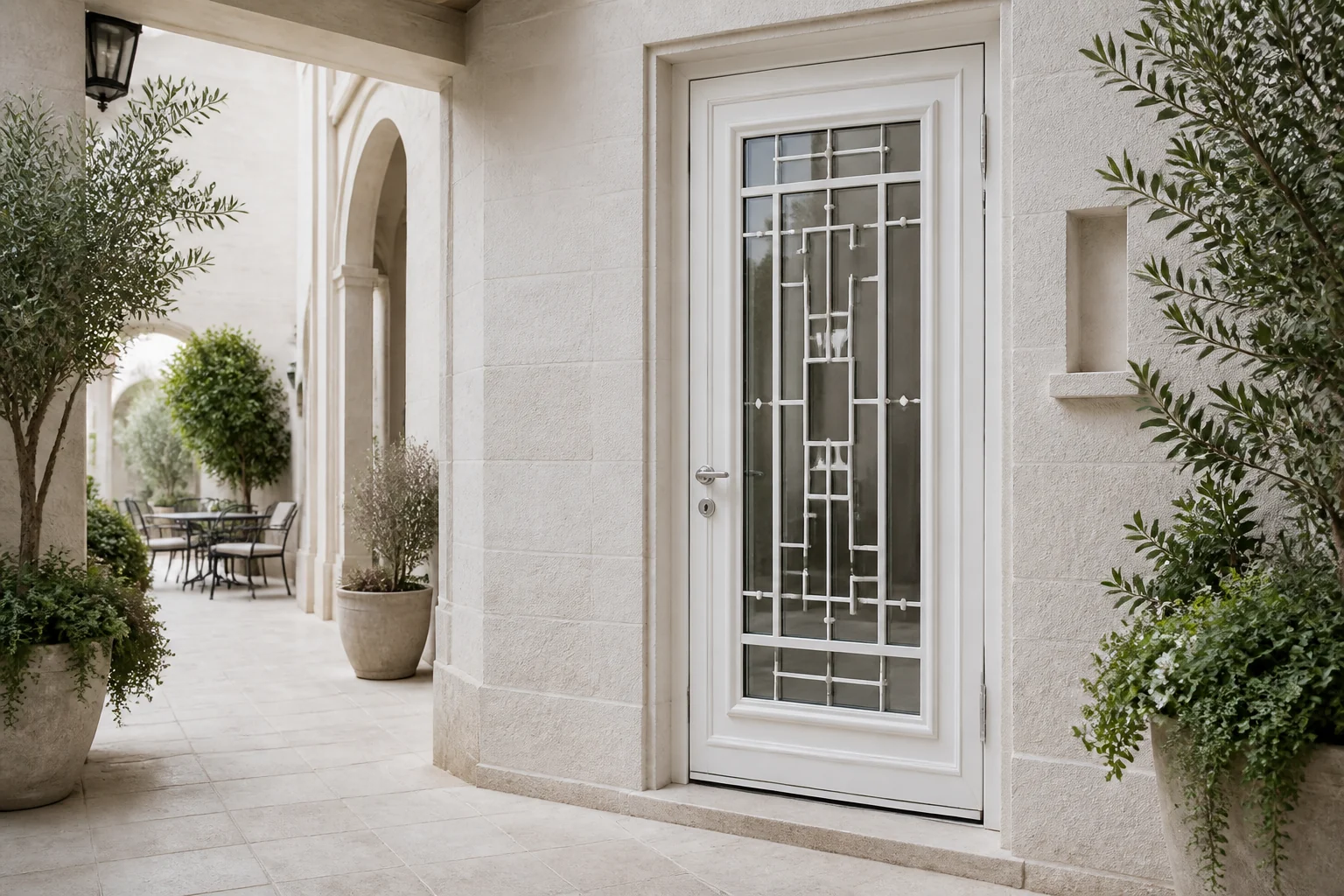 White wrought iron entry door at a hotel courtyard