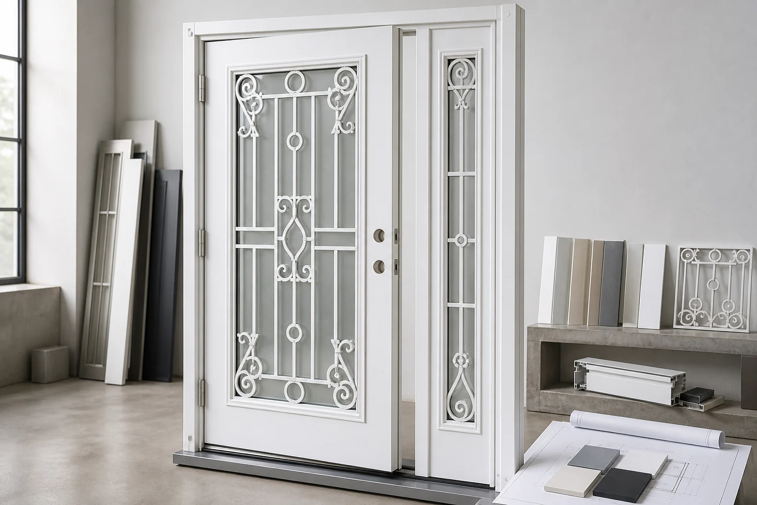 White wrought iron door sample in a specification review studio