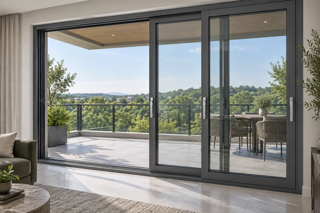 Gray heavy-duty glazed balcony sliding doors partly open beside a clear passage and outdoor dining area