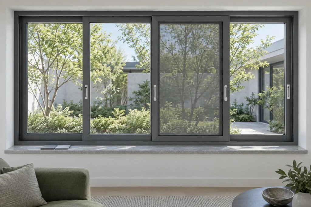 Gray sliding windows with a mesh panel and finish samples on a living room sill, illustrative application scene
