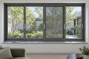 Gray sliding windows with a mesh panel and finish samples on a living room sill, illustrative application scene
