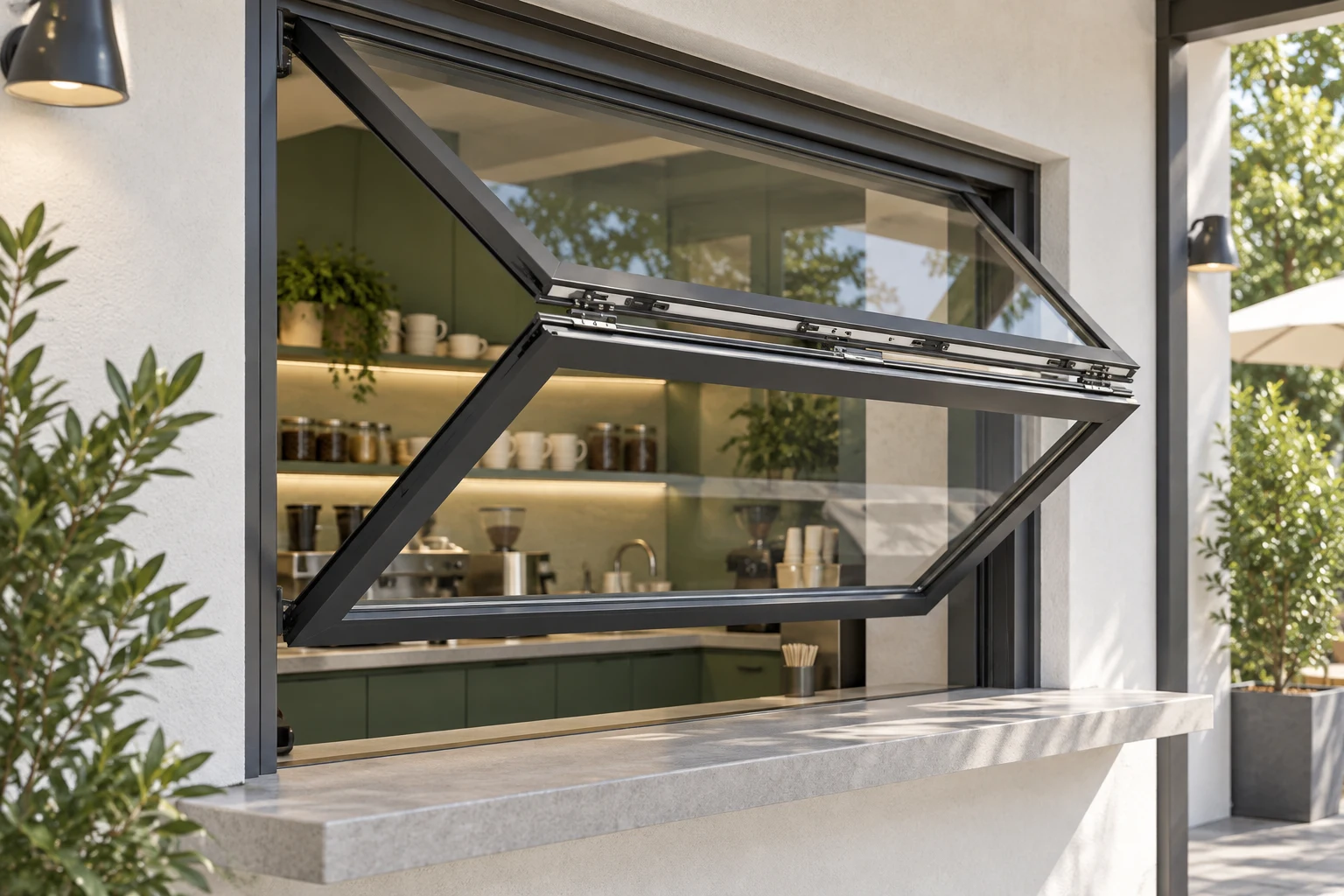 Gray Folding Service Window Counter Illustrative Application Scene Gray vertical folding service window partly open above a stone counter in an illustrative application scene