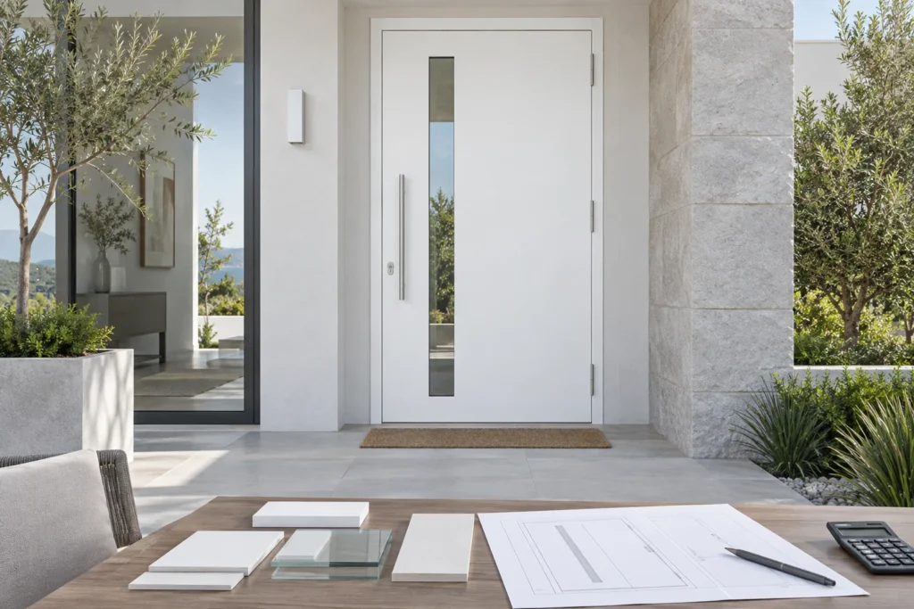 White RGNL-100 style aluminum entry door with glass and finish samples, illustrative application scene